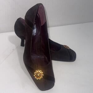 Via Spiga Italian Leather Brown Suede Kitten Heel Floral Crystal Loafers Size 7M